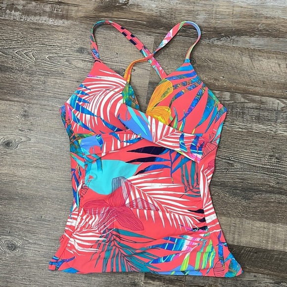 Apt 9 Tropical Leaf Coral Multi Criss Cross Surplice Tankini Swimsuit Top Size S - Picture 2 of 8